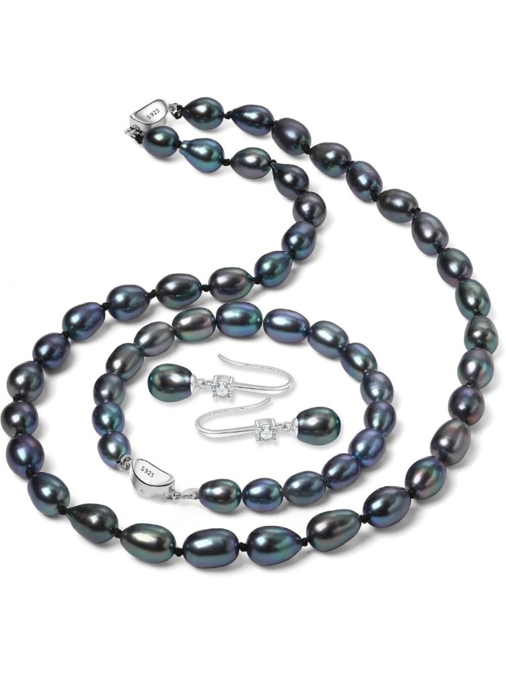 Elegant 8-9mm Black & White Cultured Pearl Necklace Set in 925 Silver Jewelry